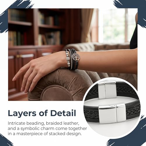 Multi-Layer Bracelets for Women Leather Wrap Bracelet Ethnic Style Layered Beads Cuff Boho Bangle for Everyday Wear Jewelry Gift - color: Black
