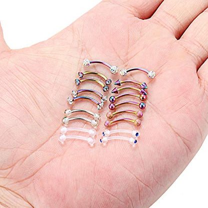 9 Pairs 16G Stainless Steel 3mm Clear CZ Glitter Ball Curved Barbell Eyebrow Tragus Lip Belly Ring Piercing Jewelry 3/8"(10MM) Rainbow - color: 18PCS - Rainbow