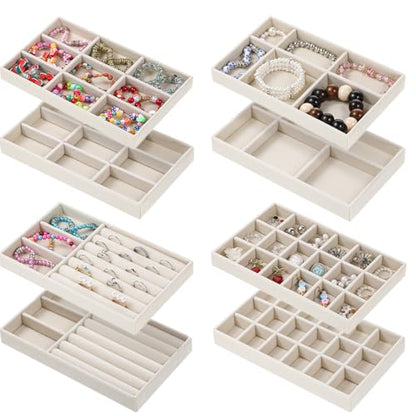 8 PCS Velvet Jewelry Trays, Stackable Jewelry Organizer Trays for Drawer | Multi Grid Earring Tray for Storing Necklaces, Rings, Earrings, Dressing Tables and Drawers-4 Styles, 8.3 x 4.9 Inch