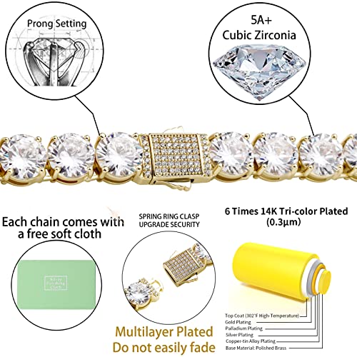 10MM Cubic Zirconia Tennis Bracelet 14K Gold Plated 5A+ Cubic Zirconia Iced Out Tennis Bracelet Spring buckle Bracelet For Men And Women - color: Gold, size: 8