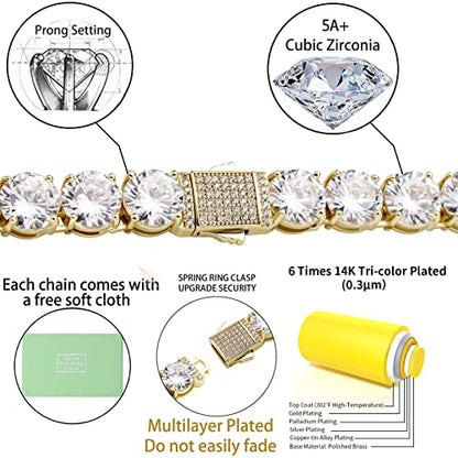 10MM Cubic Zirconia Tennis Bracelet 14K Gold Plated 5A+ Cubic Zirconia Iced Out Tennis Bracelet Spring buckle Bracelet For Men And Women - color: Gold, size: 9