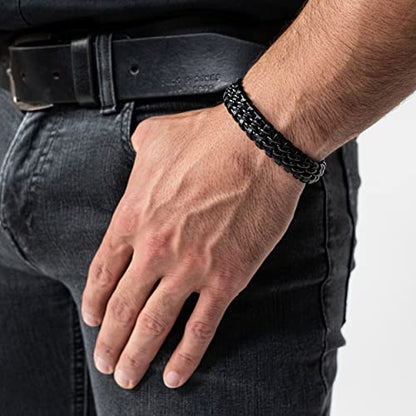 SERASAR | Premium Genuine Leather Bracelet [Steel] for Men in Black | Magnetic Stainless Steel Clasp in Black, Silver and Gold | Exclusive Jewellery Box | Great Gift Idea - color: Black, size: 23cm