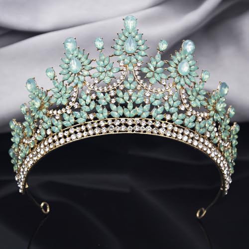 Crowns and Tiaras Jewelry Set for Women.Wedding (Gold Green) | Wedding Crown, Necklace Earrings, Princess Queen Birthday Party, Pageant Bridal, Costume Accessories - color: Opal Green