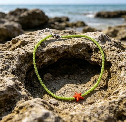 Seed Bead Choker Necklace for Women Bohemian Tiny Beads Choker Colorful Rice Bead Starfish Choker Summer Surfer Beach Necklace Jewelry Gift - color: Light Green