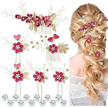 Cinaci 18 Pieces Bridal Wedding Party Prom Pearl Rhinestone Rose Red Flower Hair Side Combs Slides+U-shaped Flower Hair Pins+Twist Spiral Hairpins Floral Headpieces for Brides Bridesmaids Women Girls - color: Rose Red