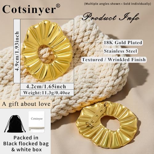 Stainless Steel Brooch Pin for Women & Men,Lapel Pin | Minimalist Statement Elegant Geometric, Sweaters Coat Suit Shawl Collar Shirt Coat Jacket Hat Dress Swim, Velvet Bag & Box - style: Pleated-Gold