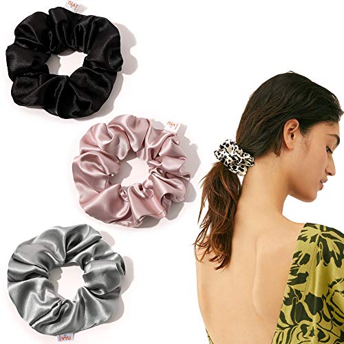 Silk Hair Ties for Girls and Women: Chic Satin Scrunchies, Large and Cheetah Print, Soft Ponytail Holders for Thick and Curly Hair - No Creases, Gentle on Hair - color: Leopard Black Pink Gray