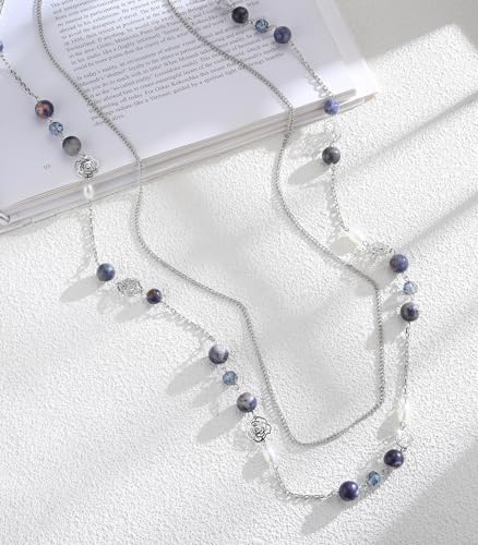 FULU AUTUMN Long Layered Silver Necklaces for Women - Natural Stone and Dainty Flower Beaded Sweater Chain Fashion Jewelry Gifts - color: Blue