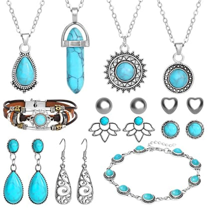 NEWITIN 20 Pieces Silver Bohemian Jewelry Set for Women Fashion Costume Jewels Turquoise Necklace Bracelet Ring Earrings Western Turquoise Jewelry Set for Women - color: Turquoise Jewelry Blue Set