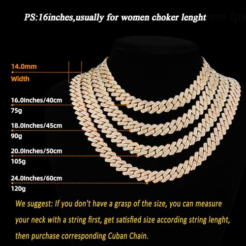 Mens Cuban Link Chain Miami Cuban Necklace 18K Gold Silver Chain For Men Women 14mm Iced Out Hip Hop Jewelry - color: 14K Yellow Gold, size: 16 inches