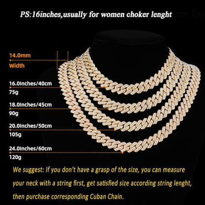 Mens Cuban Link Chain Miami Cuban Necklace 18K Gold Silver Chain For Men Women 14mm Iced Out Hip Hop Jewelry - color: 14K Yellow Gold, size: 20 inches