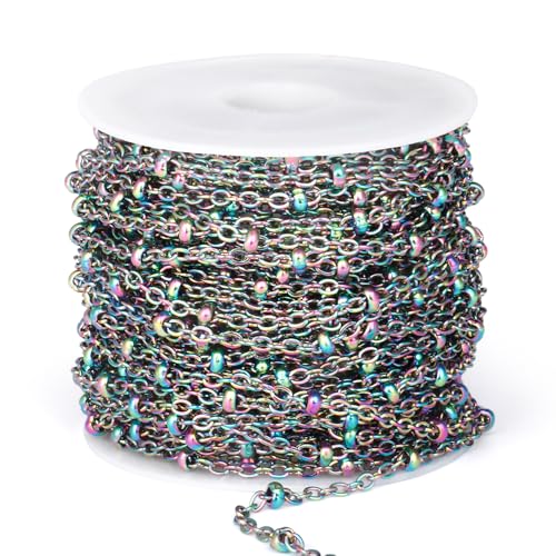 33FT 2mm Multicolor Stainless Steel Satellite Chain Bulk for Jewelry Making | 304 Stainless Steel Colorful Ball Beaded Cable Link Chains Roll Spool DIY Craft - color: Colorful Small Beads Satellite Cable Chain