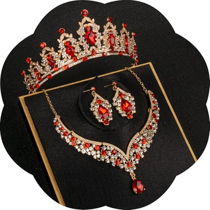 Crowns and Tiaras jewelry sets for Wedding princess birthday party Halloween Prom Pageant Jewelry for Women Crystal Bridal Jewelry Set for women - color: Gold Red