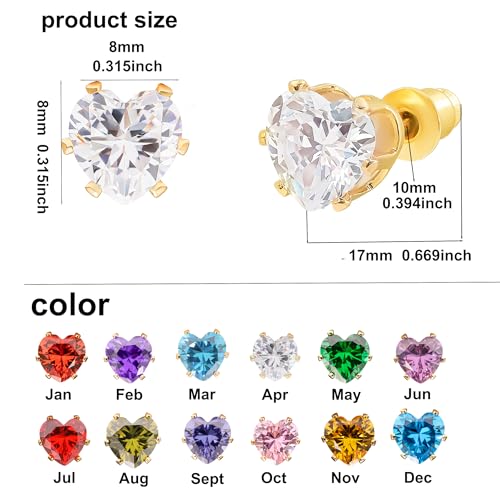 8mm Heart-Cut Birthstone Stud Earrings for Women – 18K Gold Plated Hypoallergenic Cubic Zirconia Earrings, Nickel Free, 12 Months Colors, Everyday Jewelry, Gift for Her, Bridal, Birthday, Christmas - color: 04 Apr White
