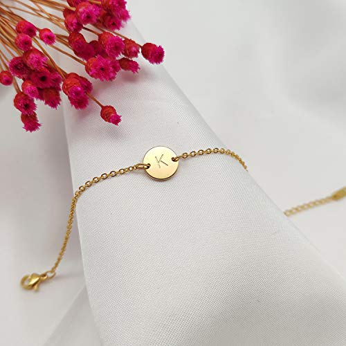 Ovian Initial Charm Bracelet for Women 18K Gold Plated stainless steel Coin Disc Engraved Letter Bracelet Personalized Monogram Name Bracelet - color: K