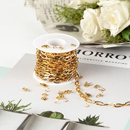 16.4 Feet Gold Plated Link Chain for Jewelry Making Stainless Steel Oval Paperclip Chain Bulk with Jump Rings Lobster Clasps for Jewelry Bracelet Necklace Choker Making Supplies - color: Gold Oval