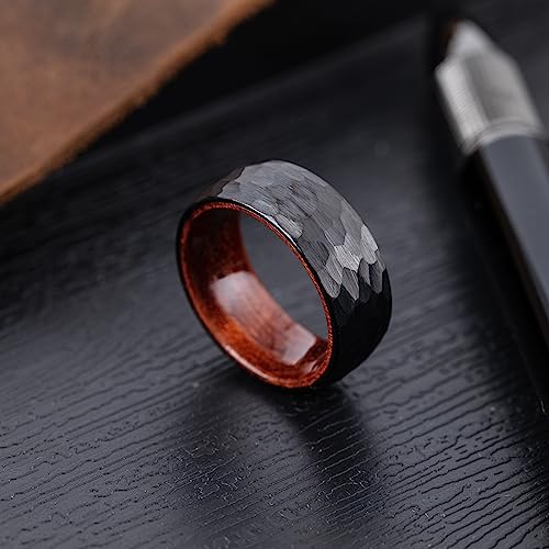 8mm Tungsten Carbide Genuine Natural Koa Wood Inner Inlay Ring Black/Gold/Silver/Rose Gold Wedding Band Hammered Textured Flat Style Comfort Fit Gift Box Included - color: Hammered Black Tungsten