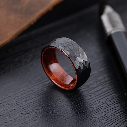 8mm Tungsten Carbide Genuine Natural Koa Wood Inner Inlay Ring Black/Gold/Silver/Rose Gold Wedding Band Hammered Textured Flat Style Comfort Fit Gift Box Included - color: Hammered Black Tungsten