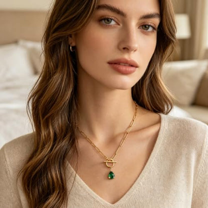 Teardrop CZ Pendant Paperclip Chain Necklace 18K Plated Paperclip Toggle Necklace Jewelry Birthstone Gift for Women - color: Emerald-May