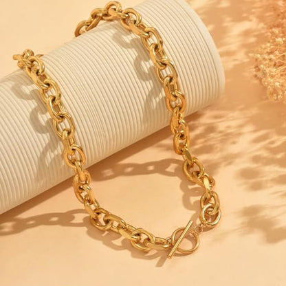 Chunky Gold Necklace for Women, 18K Gold Plated Paperclip, Figaro Link Chain Necklace, Toggle Clasp Necklaces, Trendy Non Tarnish Jewelry, Christmas Gifts - style: 10mm Cable Toggle 16.5''-Gold