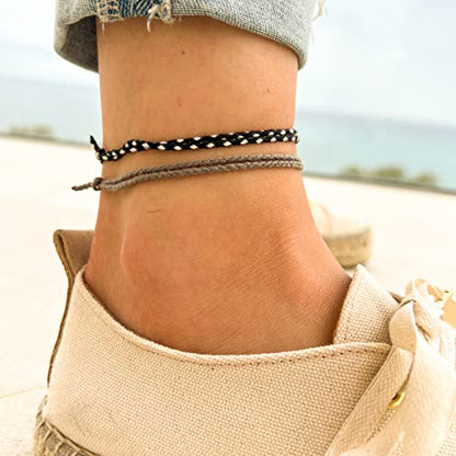 Made by Nami 2 Pcs Wave String Ankle Bracelets for Women Waterproof & Adjustable Thin Braided Anklet Surfer Boho Ankle Bracelet Set of 2 Beach Accessories - color: Black & Grey