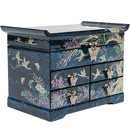 February Mountain Mother of Pearl Wooden Jewelry Organizer Box – Jewelry Storage Box for Women, Features Spacious Drawers, Ideal for Rings, Bracelets, Watches, Chains, Accessories (Crane_Blue) - style: Crane_Blue