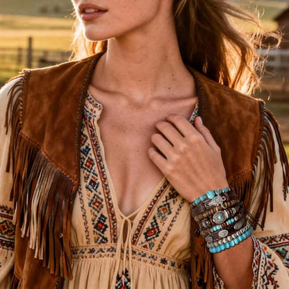 Stack Turquoise Western Bracelets for Women Boho Turquoise Beaded Concho Bangle Ox-Head Charm Cowboy Chic Bracelets Western Jewelry Cowgirl Accessory for Country Concert Outfits - color: Turquoise Skull