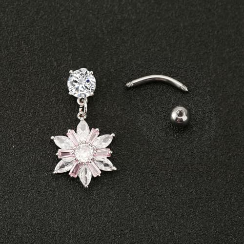 14G Dainty Rhinestone Flower Dangle Navel Ring for Women Fashion Statement Snowflake Crystal Drop Belly Button Rings Sparkly CZ Barbell Stud Sexy Body Piercing Jewelry - color: Silver