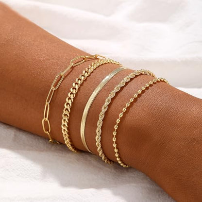 Cuzmly Bracelets for Women, Waterproof 14K Gold/Silver Plated Stackable Bracelets for Women Non Tarnish Trendy Dainty Paperclip Figaro Box Herringbone Hand Chain Bracelet Pack Stack Adjustable Jewelry for Women - style: 5 Rope