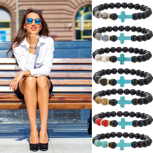 Beaded Bracelets Cross Bracelet for Women Men Lava Rock Turquoise Tiger Eye Natural Bracelet Anxiety Healing - color: 10 Pcs- Z (green cross)