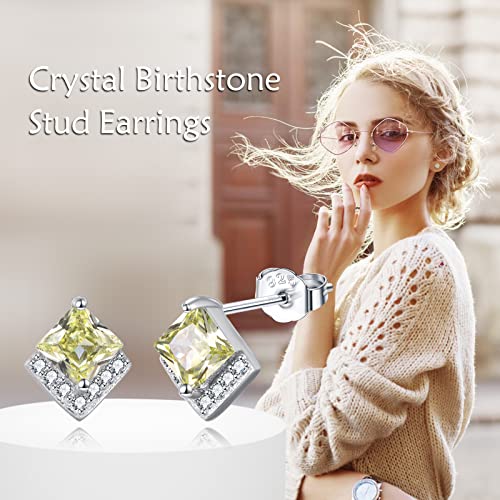 Birthstone Stud Earrings Sterling Silver Square Created Crystal Earrings Cubic Zirconia Hypoallergenic Piercing Jewelry Small Gifts for Women Mothers - color: Aug-Peridot