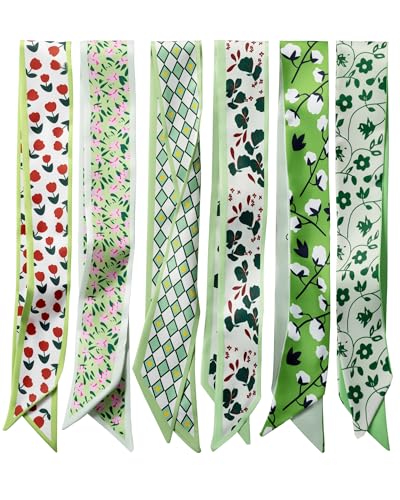 ZXZH 6 Pack Fashion Scarves for Women, Versatile Boho Head Scarf | Satin Scarf for Hair, Neck, Wrist, and Purse Accessories - color: Fresh Green Botanical