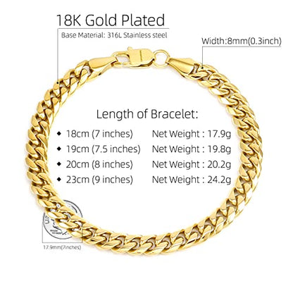 CaptainSteeL Cuban Bracelet for Men Stainless Steel Chain Link Bracelet | 8mm Width,7/7.5/8/9 Inch Length, Silver/18K Gold Plated,Men Bracelet,Waterproof Bracelet,Bithday ,Christmas gift - color: Cuban Chain Gold Plate, size: 8in