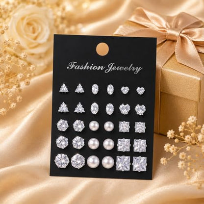 KISS WIFE CZ Stud Earrings Set for Women, Cubic Zirconia Stud Earrings in Multiple Sizes, Triangle Oval Heart Round Pearl Square Earrings, Hypoallergenic Silver Stud Earrings for Cartilage Piercing Jewelry - style: Triangle + Oval + Heart + Round + Pearl