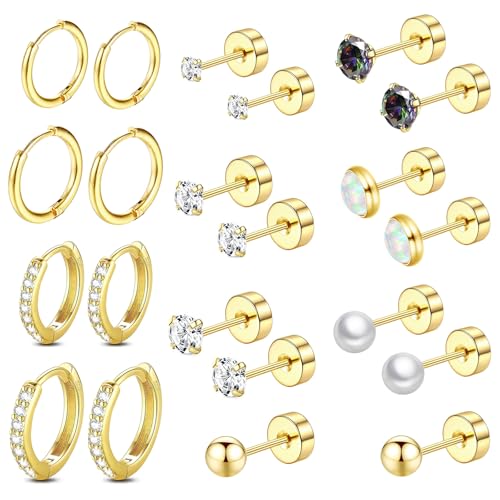 Surgical Steel Flat Back Earrings Set for Multiple Piercing Sensitive Ears,Sterling Silver Hypoallergenic Small Cartilage Huggie Hoop Earrings Titanium Tiny CZ Pearl Opal Stud Earrings for Women - color: Gold