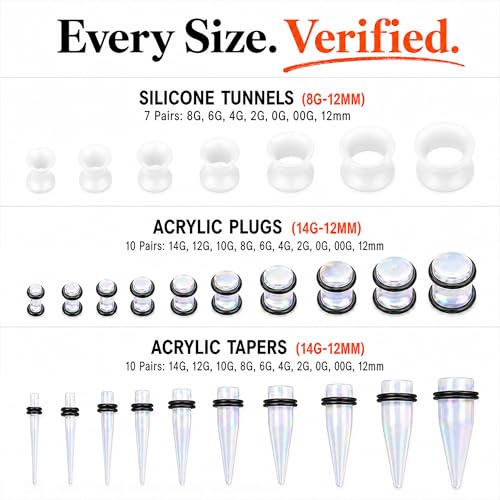 BodyJ4You 54PC Ear Stretching Kit 14G-12mm - Aftercare Jojoba Oil - Acrylic Plugs Gauge Tapers Silicone Tunnels - Lightweight Expanders Men Women - color: Transparent Aurora