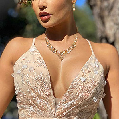 Women's Wedding Statement Necklace Dangle Earring Jewelry | Austrian Crystal Teardrop Cluster,Necklaces Earrings Set for Bride Bridesmaid,Prom Accessories - color: 12-Champagne Gold-Plated-Base