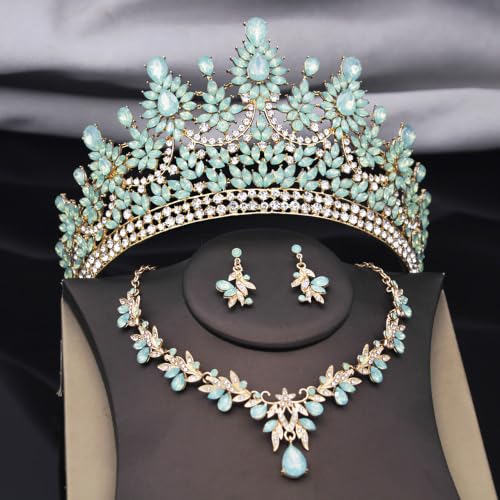 Crowns and Tiaras Jewelry Set for Women.Wedding (Gold Green) | Wedding Crown, Necklace Earrings, Princess Queen Birthday Party, Pageant Bridal, Costume Accessories - color: Opal Green