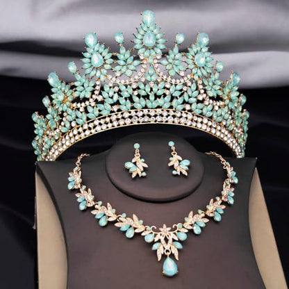 Crowns and Tiaras Jewelry Set for Women.Wedding (Gold Green) | Wedding Crown, Necklace Earrings, Princess Queen Birthday Party, Pageant Bridal, Costume Accessories - color: Opal Green