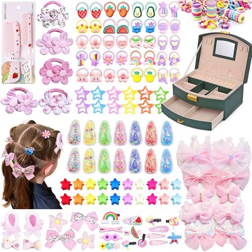 252Pcs Girls Hair Accessory Back to School Gift with D-Green Jewelry Box | Hair Stuff Including Jewelry Box for Neat Storage Clips Ties Bows for Little One Teen Age 3-12 Birthday Gift - color: DARK GREEN