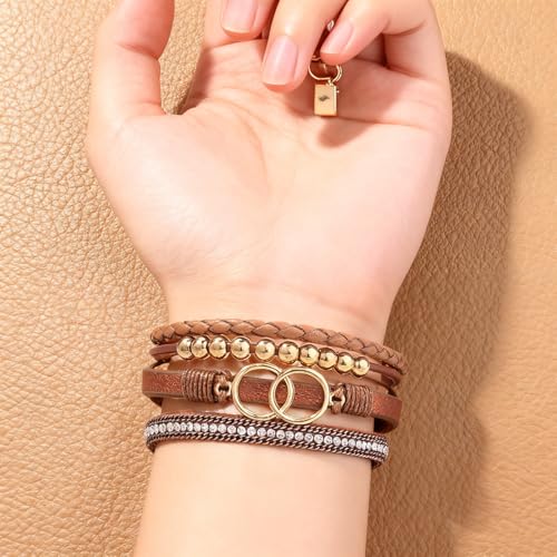 Leather Wrap Bracelets for Women, Boho Leopard Multi-Layer Crystal Beads Cuff Jewelry - color: J-Warp-011