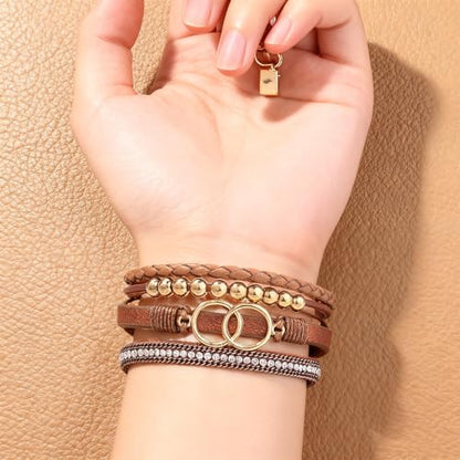 Leather Wrap Bracelets for Women, Boho Leopard Multi-Layer Crystal Beads Cuff Jewelry - color: J-Warp-011