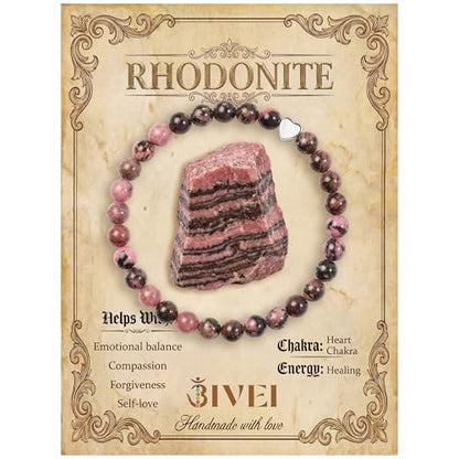 Bivei Crystal Stretch 6mm Bracelets for Women | Handmade Natural Stone Beaded Stretch Bracelet, Stainless Steel Heart Bead, Tranquility Yoga Gift Jewelry for Women - color: Rhodonite - Healing