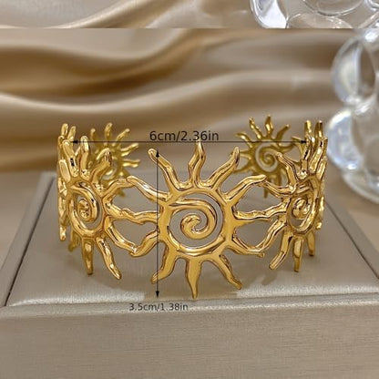Chunky Gold Sun Cuff Bracelet for Women – Boho Spiral Sun Statement Jewelry, Stainless Steel Adjustable Wide Metal Bangle for Holiday Fashion - color: Gold
