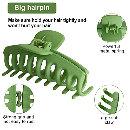 2 Pack Big Hair Claw Clips Nonslip Large Claw Clip for Women and Girls Hair,Strong Hold Grips Hair Accessories 4 Inch (Green) - color: Green