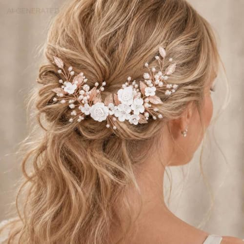 CASDRE Flower Bride Wedding Hair Vine Pearl Bridal Headpiece Leaf Hair Accessories Hair Piece for Women and Girls (C Rose Gold) - color: C Rose Gold