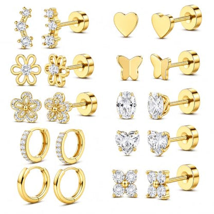 Surgical Stainless Steel Stud Earrings Set for Women | Hypoallergenic, Sensitive Flat Back, Small Cute Hoop Earring Sets, Lobe Helix Cartilage Stacks, Multiple Piercing Jewelry - color: Gold