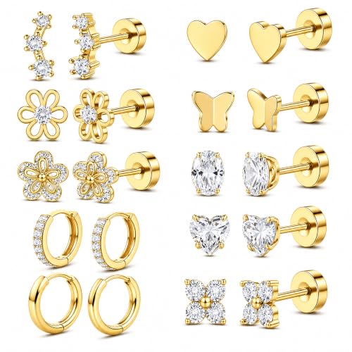 Surgical Stainless Steel Stud Earrings Set for Women | Hypoallergenic, Sensitive Flat Back, Small Cute Hoop Earring Sets, Lobe Helix Cartilage Stacks, Multiple Piercing Jewelry - color: Gold