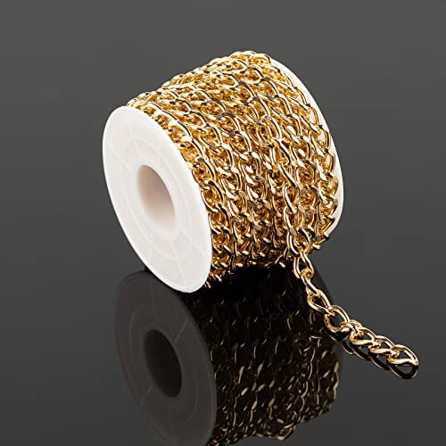 16.4 Feet Twisted Curb Chain Links Gold Plated Aluminum Bracelet Necklace Chain Bulk for DIY Craft Jewelry Making with Lobster Clasps and Jump Rings - color: 7×10mm-Gold