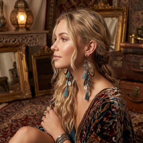 Boho Feather Tassel Earrings,Ethnic Vintage Bohemian Retro Turquoise Beaded Dangle Drop Earrings,Long Vintage Shell Statement Jewelry Gift Country Concert and Summer Festival Accessories
